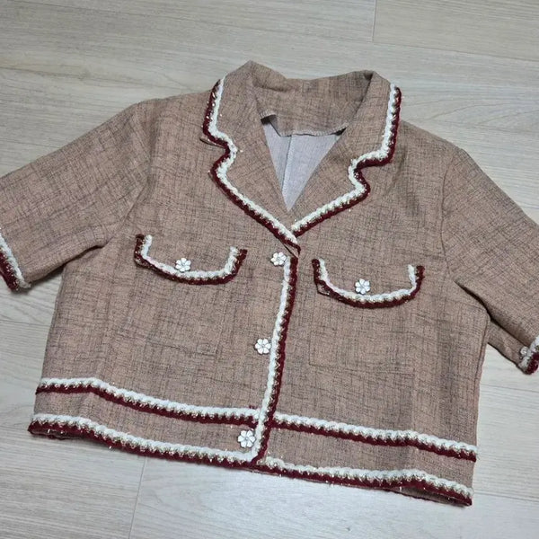 [BUNJANG] Tweed Short-Sleeve Jacket - Beige / 트위드 자켓 반팔 베이지