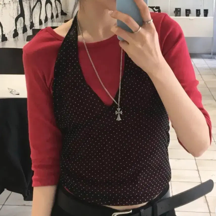[BUNJANG] Dot Halter Layered Sleeveless Top / 도트 홀터 레이어드 나시