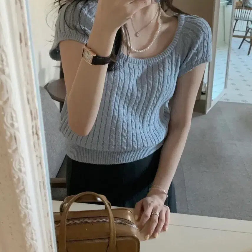 [BUNJANG] PRELOVE Twisted Short-Sleeve Knit / 프리러브 꽈배기 반팔 니트