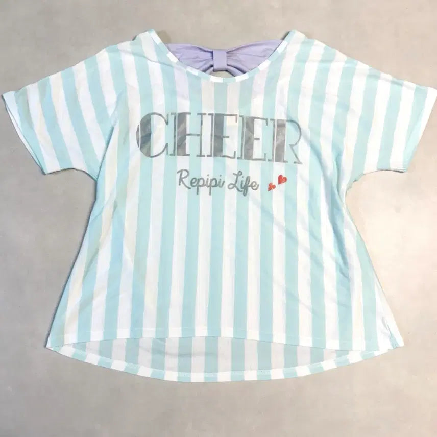 [BUNJANG] Mint Stripe Lettering Ribbon Short Sleeve Top / 민트 스트라이프 레터링 리본 반팔 탑 키치 갸루 러블리 모리