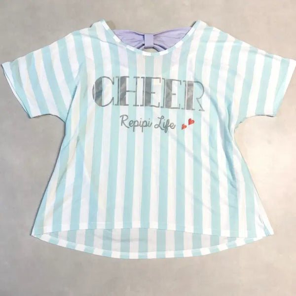 [BUNJANG] Mint Stripe Lettering Ribbon Short Sleeve Top / 민트 스트라이프 레터링 리본 반팔 탑 키치 갸루 러블리 모리