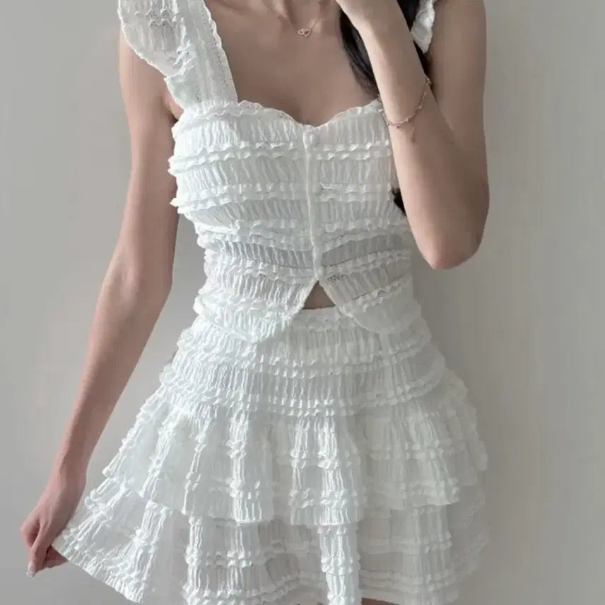[BUNJANG] White Frill Sleeveless Skirt Set / 화이트 프릴 나시 스커트 세트 셋업 새상품