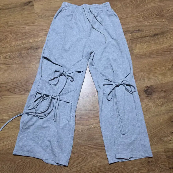 [BUNJANG] Wide Training Pants Gray Ribbon Detail / (새상품)와이드 트레이닝 팬츠 그레이 리본 끈 디테일