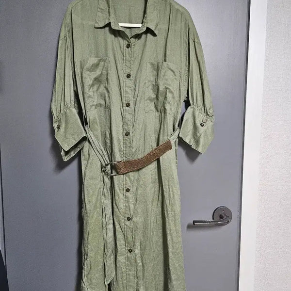 [BUNJANG] Khaki Shirt Dress with Belt / 카키색 셔츠 원피스 벨트 포함
