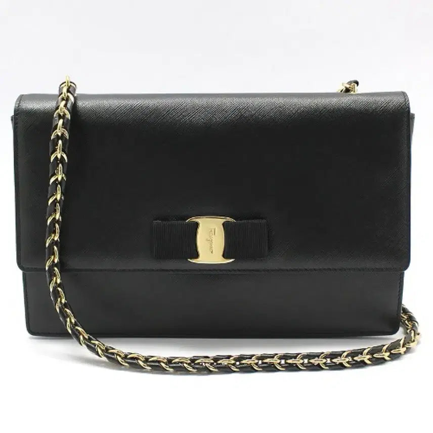 [BUNJANG] Salvatore Ferragamo Black Leather Gancini Chain Crossbody Bag / 페라가모 블랙 레더 금장 바라 지니 체인 크로스백