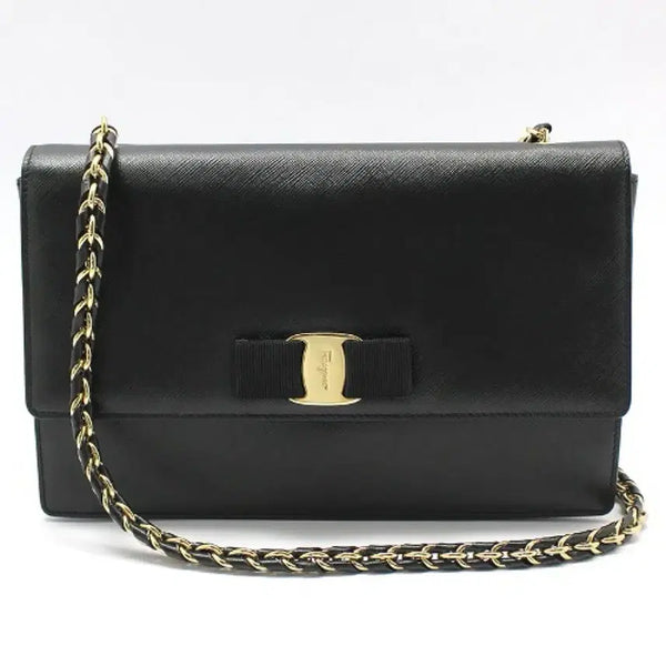 [BUNJANG] Salvatore Ferragamo Black Leather Gancini Chain Crossbody Bag / 페라가모 블랙 레더 금장 바라 지니 체인 크로스백