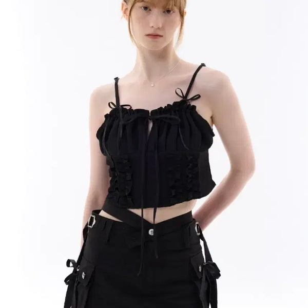 [BUNJANG] Detachable Ribbon Cropped Top Black / 아리 리본 탑 블랙