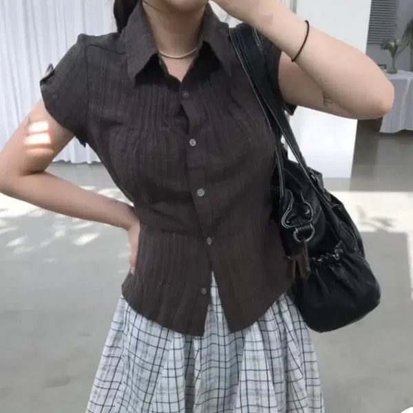 [BUNJANG] Sob Roll-up Check Short-Sleeve Shirt Brown / 에이블리 소브 롤업 체크 반팔 셔츠 브라운