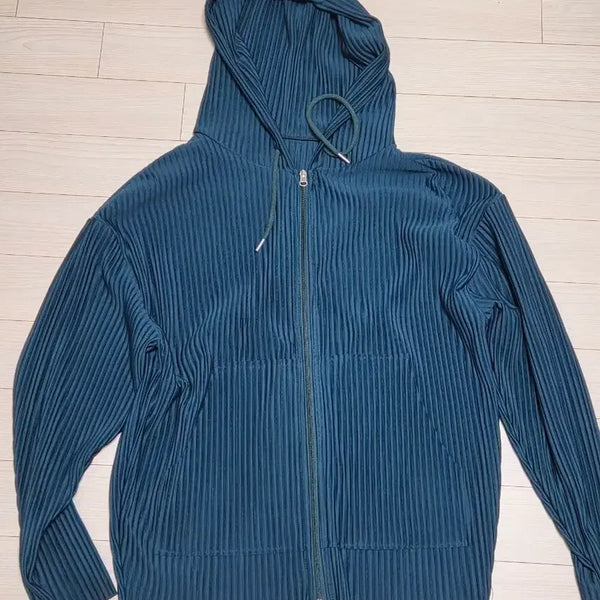 [BUNJANG] Pleated Zip-Up Hoodie / 플리츠 집업 후드 집업 블루그린