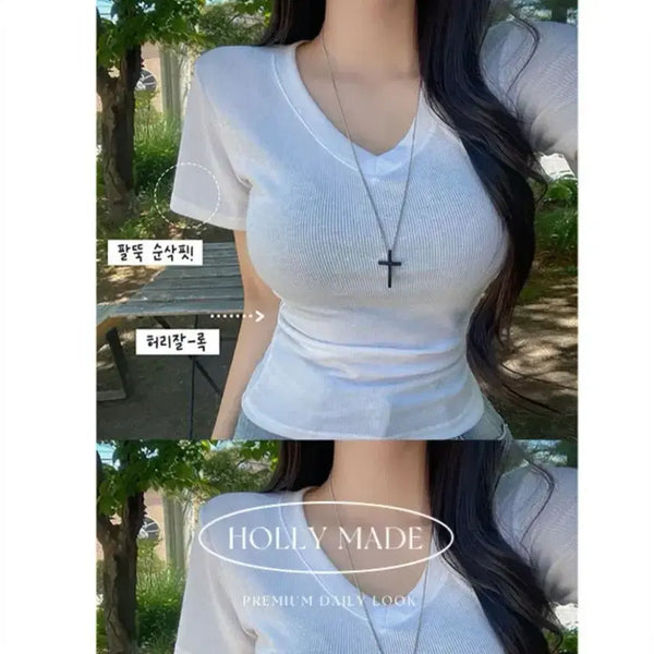 [BUNJANG] Abley Slim Fit V-Neck Short Sleeve T-Shirt / 에이블리 잘록 브이넥 반팔티