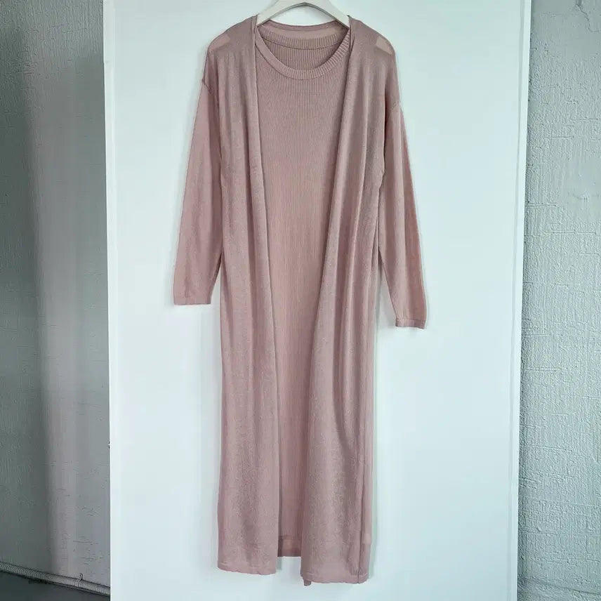 [BUNJANG] Knit Long Cardigan and Sleeveless Dress Set - Rose Beige, Pink / 니트 롱 가디건 나시 원피스 세트 로즈 베이지 핑크