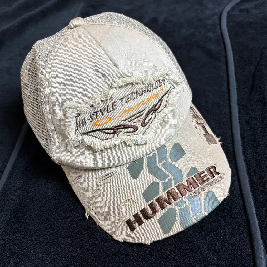 [BUNJANG] HUMMER Vintage Distressed Trucker Hat - Sand Beige / 일본빈티지 HUMMER 올드스쿨 데미지 트러커 햇 샌드 베이지
