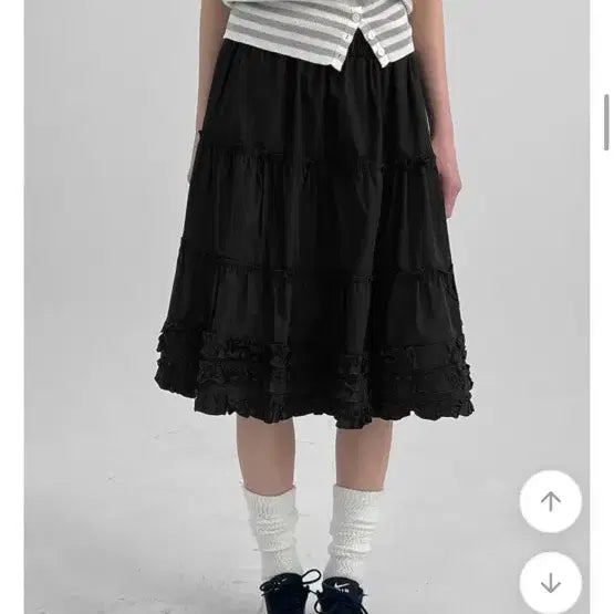 [BUNJANG] Black Up Chaining Frill Banding Midi Skirt Black / 블랙업 차이닝 프릴 밴딩 미디스커트 블랙