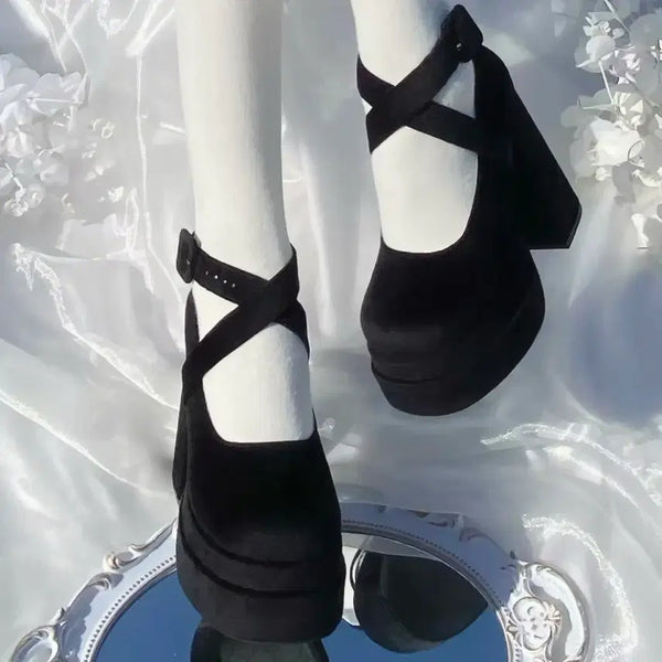 [BUNJANG] Velvet Ribbon Heels 9cm Black Size 245 / 타오바오 벨벳 리본 구두 9cm 블랙 245