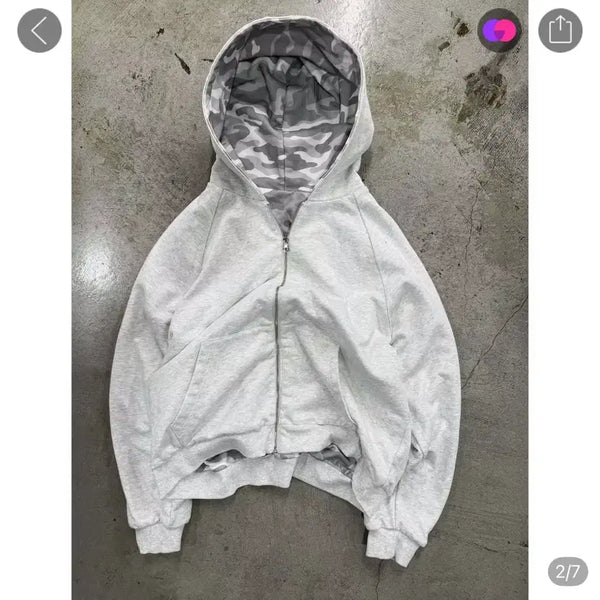 [BUNJANG] Reversible Camo Pattern Hooded Zip-Up Jacket / 후드 집업 카모 패턴 리버서블