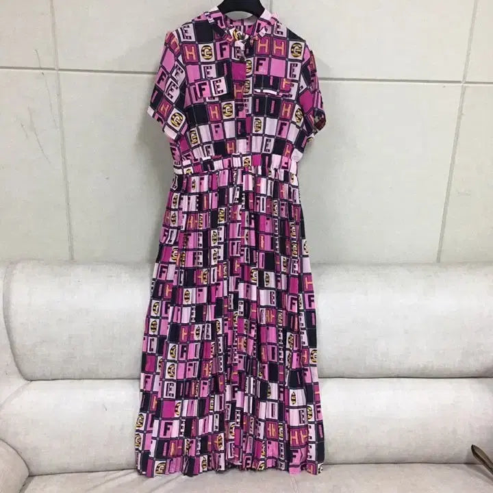 [BUNJANG] Chiffon Short Sleeve Pattern Long Dress in Bright Pink / 진핑크 쉬폰 반팔 패턴롱원피스