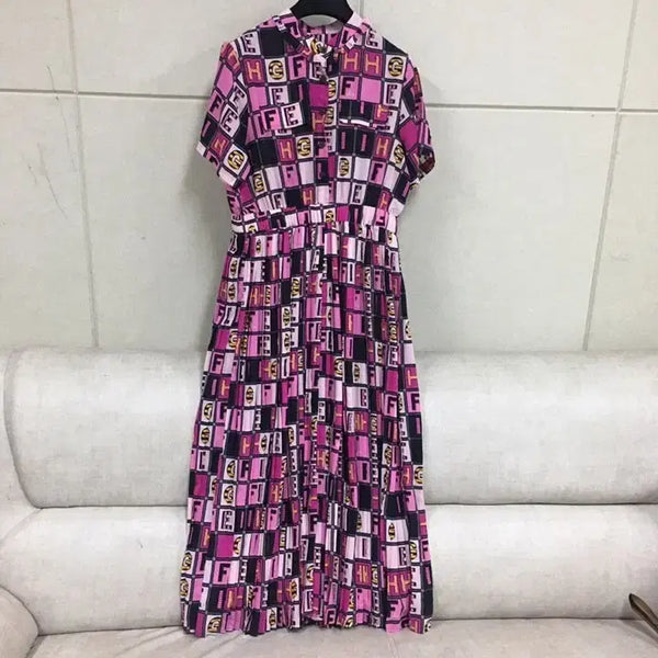 [BUNJANG] Chiffon Short Sleeve Pattern Long Dress in Bright Pink / 진핑크 쉬폰 반팔 패턴롱원피스