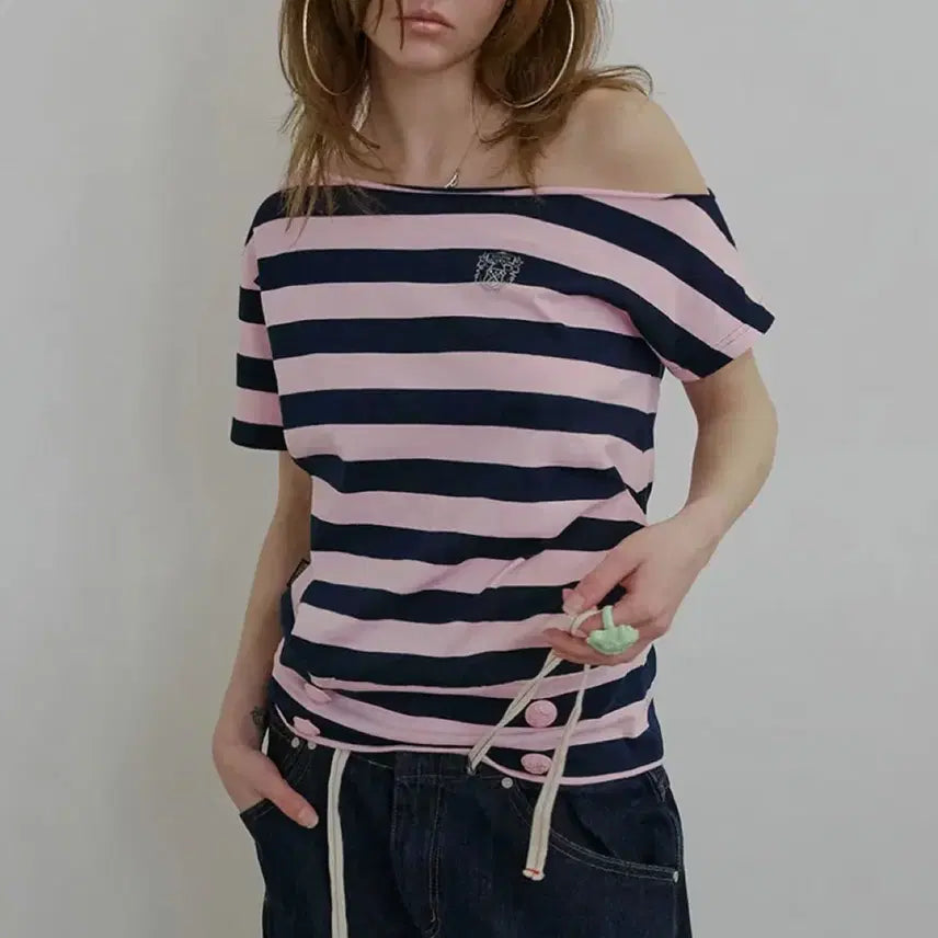 [BUNJANG] Sculptor Button Stripe Tee Pink / 스컬프터 버튼 스트라이프 티 핑크