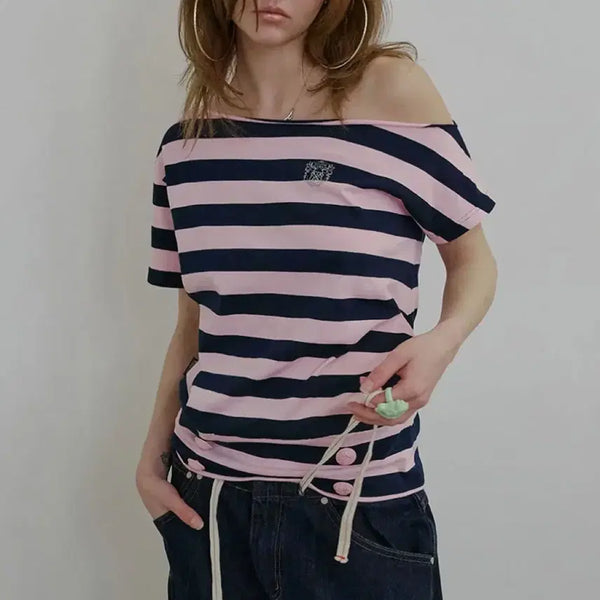 [BUNJANG] Sculptor Button Stripe Tee Pink / 스컬프터 버튼 스트라이프 티 핑크