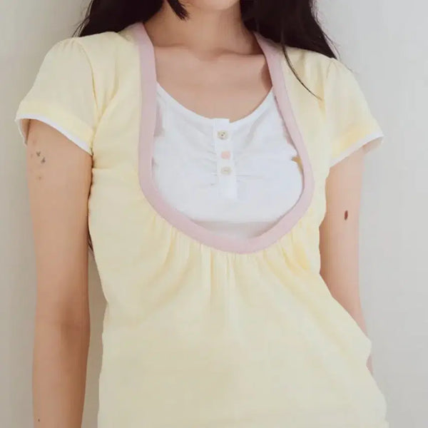 [BUNJANG] Opish Shirring U-Neck T-Shirt Yellow / 오피쉬 셔링 유넥티셔츠 옐로우