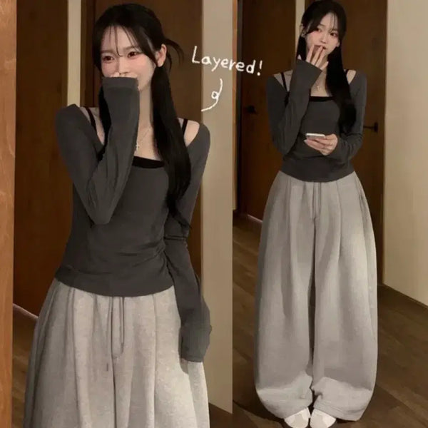 [BUNJANG] Sleeveless Top and Long Sleeve Shirt Set / 나시티셔츠SET/레이어드 이너 슬리브리스 끈나시 긴팔티셔츠 투피스 세트