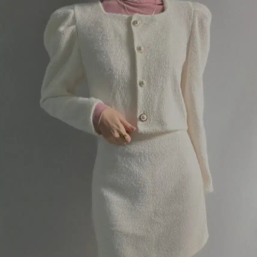 [BUNJANG] White Tweed Puff Sleeve Jacket and Angora Skirt Set Two-Piece / 화이트 트위드 퍼프 소매 자켓 앙고라 스커트 세트 투피스 셋업
