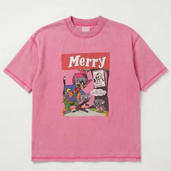 [BUNJANG] Merry Tom and Jerry Graphic T-Shirt Pink Vintage / 여성F/ Merry 톰과제리 그래픽 반팔티 핑크 빈티지킹