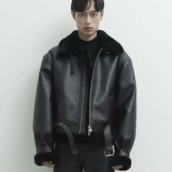 [BUNJANG] RONT 003 Vegan Leather Belted Mustang Jacket Black / 론트 003 비건 레더 벨트 무스탕[새상품]