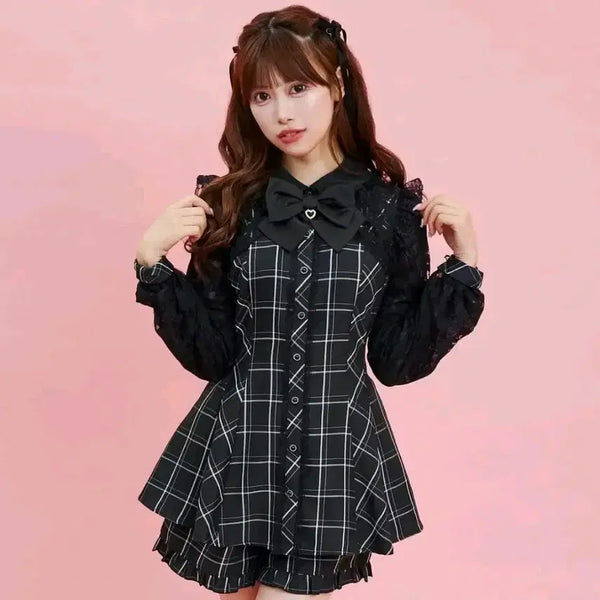 [BUNJANG] Secret Honey Lace Bolero Round Check Setup Black Ruffle / 시허니 레이스 볼레로 라운드 체크 셋업 시크릿 허니 블랙 러플