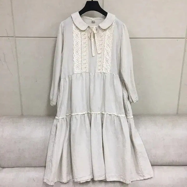 [BUNJANG] Lace Trim Round Collar Linen Dress - Ivory / 레이스장식  둥근카라 린넨 마롱원피스 아이보리