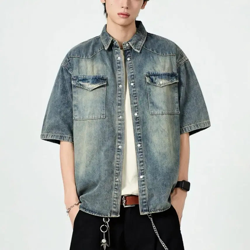 [BUNJANG] Dimitri Black Western Denim Short Sleeve Shirt M / [M] 디미트리블랙 웨스턴 데님 반팔셔츠