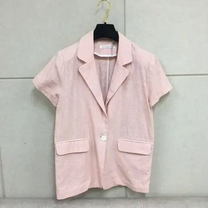 [BUNJANG] 100% Linen Short-Sleeve Jacket - Pink / 린넨100% 국산 핑크 반팔린넨자켓