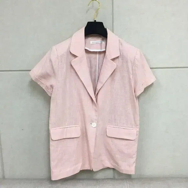 [BUNJANG] 100% Linen Short-Sleeve Jacket - Pink / 린넨100% 국산 핑크 반팔린넨자켓