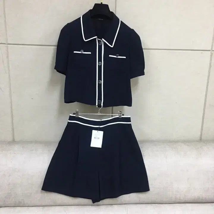 [BUNJANG] Kenneth Lady Navy Color Block Short Tweed Jacket & Shorts Set (Size 66) / (미사용)케네스레이디 정품 네이비 배색 반팔트위드자켓 반바지 투피스세트
