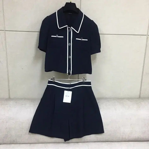 [BUNJANG] Kenneth Lady Navy Color Block Short Tweed Jacket & Shorts Set (Size 66) / (미사용)케네스레이디 정품 네이비 배색 반팔트위드자켓 반바지 투피스세트