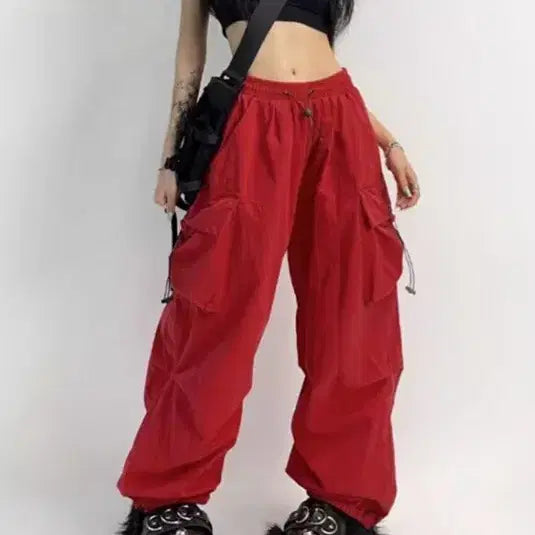 [BUNJANG] Red Cargo Jogger Pants - Wide Fit, Size M, Unisex Summer Trousers / 레드 카고 조거팬츠 와이드팬츠 M사이즈 여름바지 남녀공용