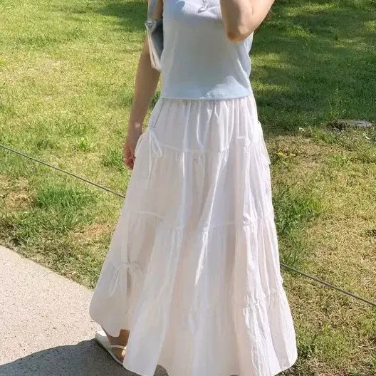 [BUNJANG] Ribbon Detail Tiered Long Skirt / 봄 여름 캉캉 롱스커트 리본 흰색