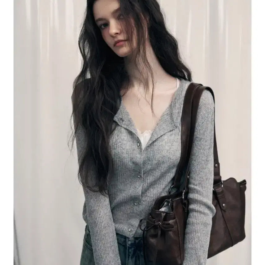 [BUNJANG] A BLOOM Linen Knit Cardigan Grey / 어블룸 린넨 니트 가디건 그레이 (새상품)