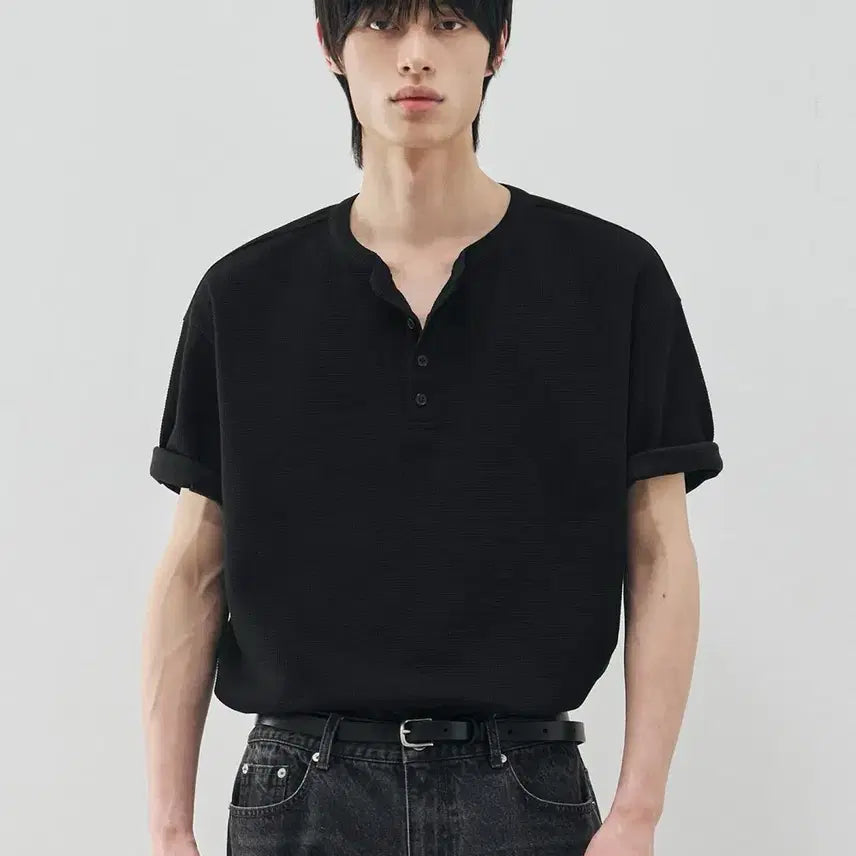 [BUNJANG] Drawfit Waffle Henly Neck Half T-shirt Black M / 드로우핏 / 와플 헨리넥 하프 티셔츠 블랙 / M