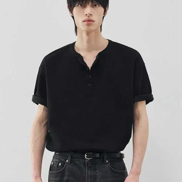 [BUNJANG] Drawfit Waffle Henly Neck Half T-shirt Black M / 드로우핏 / 와플 헨리넥 하프 티셔츠 블랙 / M