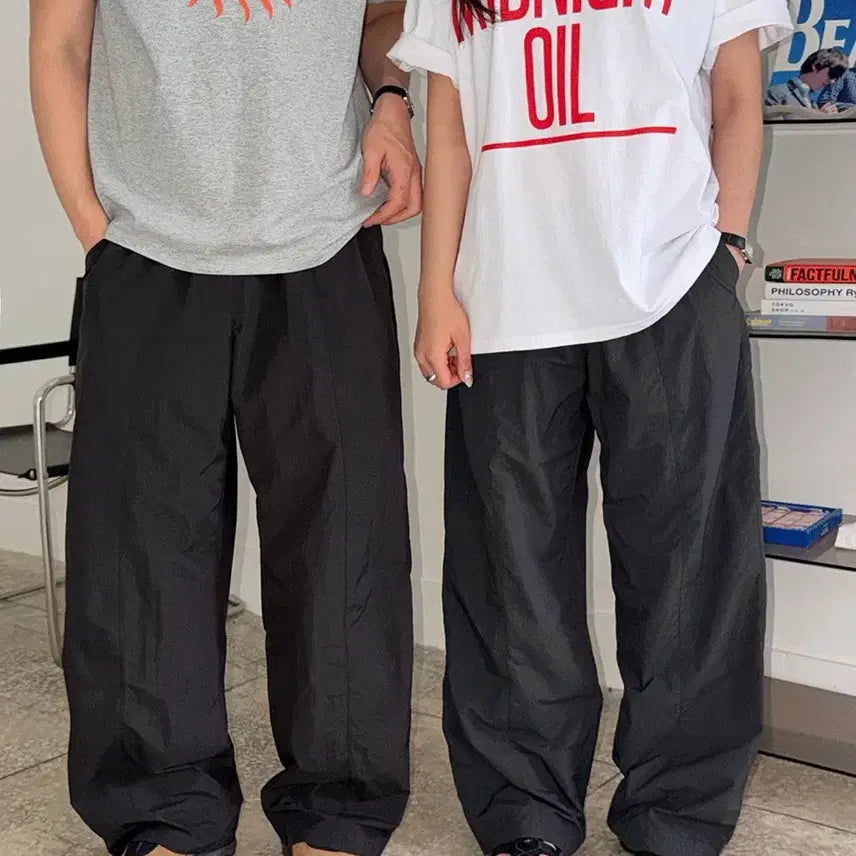 [BUNJANG] Nylon Wide String Pants (Charcoal/Light Grey) / 나일론 와이드 팬츠(차콜/라이트그레이)