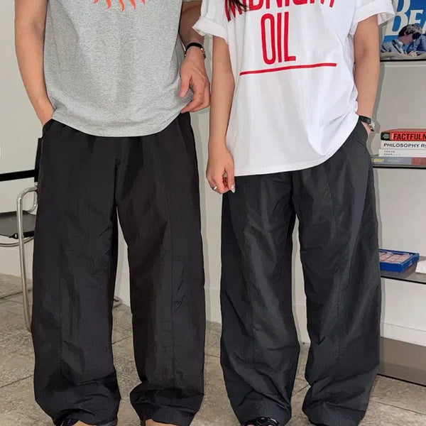 [BUNJANG] Nylon Wide String Pants (Charcoal/Light Grey) / 나일론 와이드 팬츠(차콜/라이트그레이)
