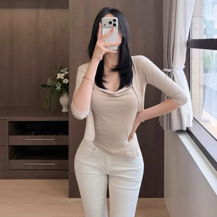 [BUNJANG] Drape Sleeveless Cardigan Set Beige / 드레이프 나시 가디건 세트 베이지