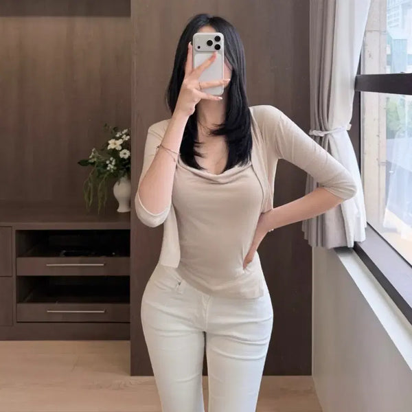 [BUNJANG] Drape Sleeveless Cardigan Set Beige / 드레이프 나시 가디건 세트 베이지