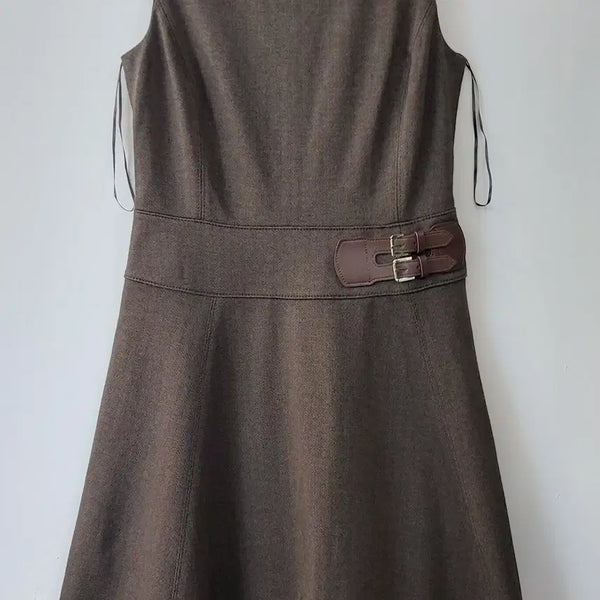[BUNJANG] Lauren Ralph Lauren Buckle Trim Herringbone Sleeveless Dress - Brown, Size 2/S / 로렌 랄프로렌/LRL 2(s)/85~90 버클트림 헤링본 슬리브리스 드레스.BR.S.