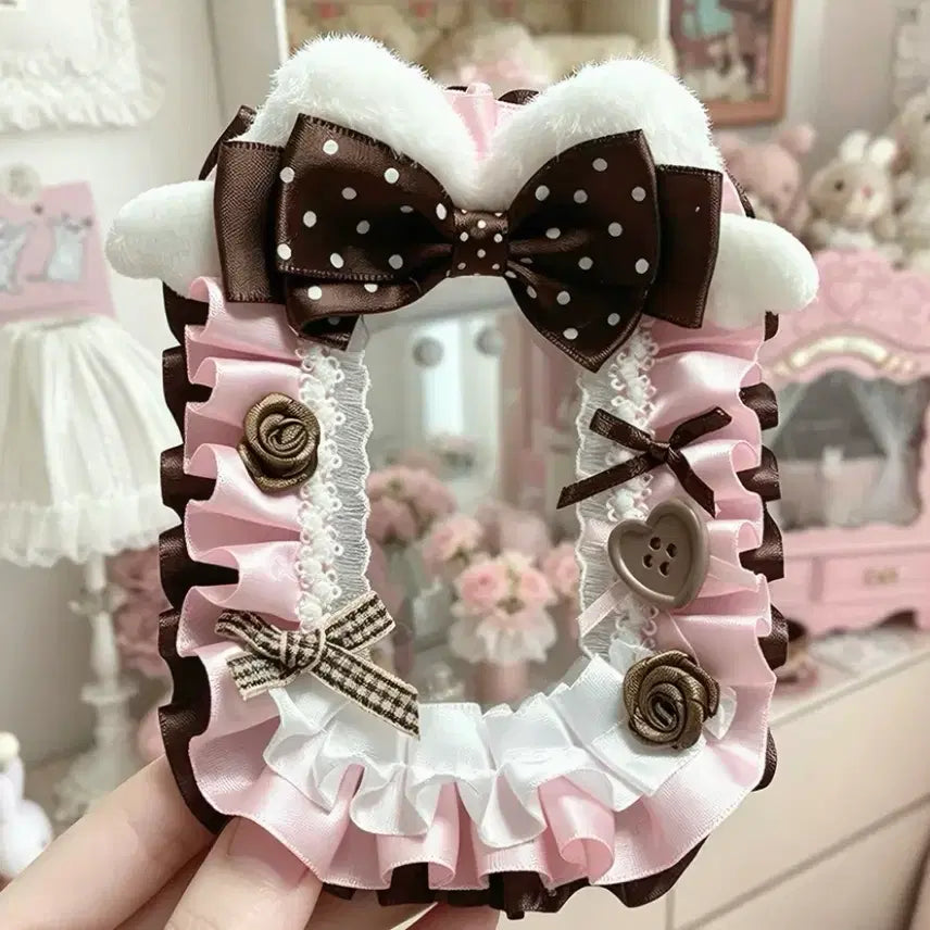 [BUNJANG] Handmade Ribbon Lace Pink Choco Photocard Holder Toploader / 리본 레이스 탑꾸 포카홀더 탑로더 수제 핑크 초코 분홍
