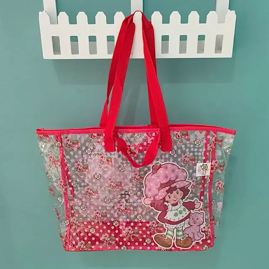 [BUNJANG] Strawberry Shortcake PVC Shoulder Tote Bag / 스트로베리쇼트케이크 PVC숄더토트백 미국레트로캐릭터 땡땡이딸기소녀투명가방