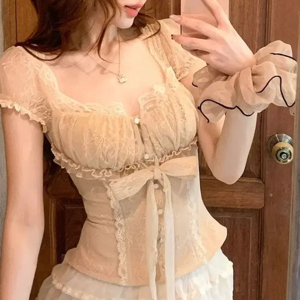 [BUNJANG] Lace Puff Sleeve Blouse - Beige / 페미닌 레이스 퍼프소매 블라우스 베이지