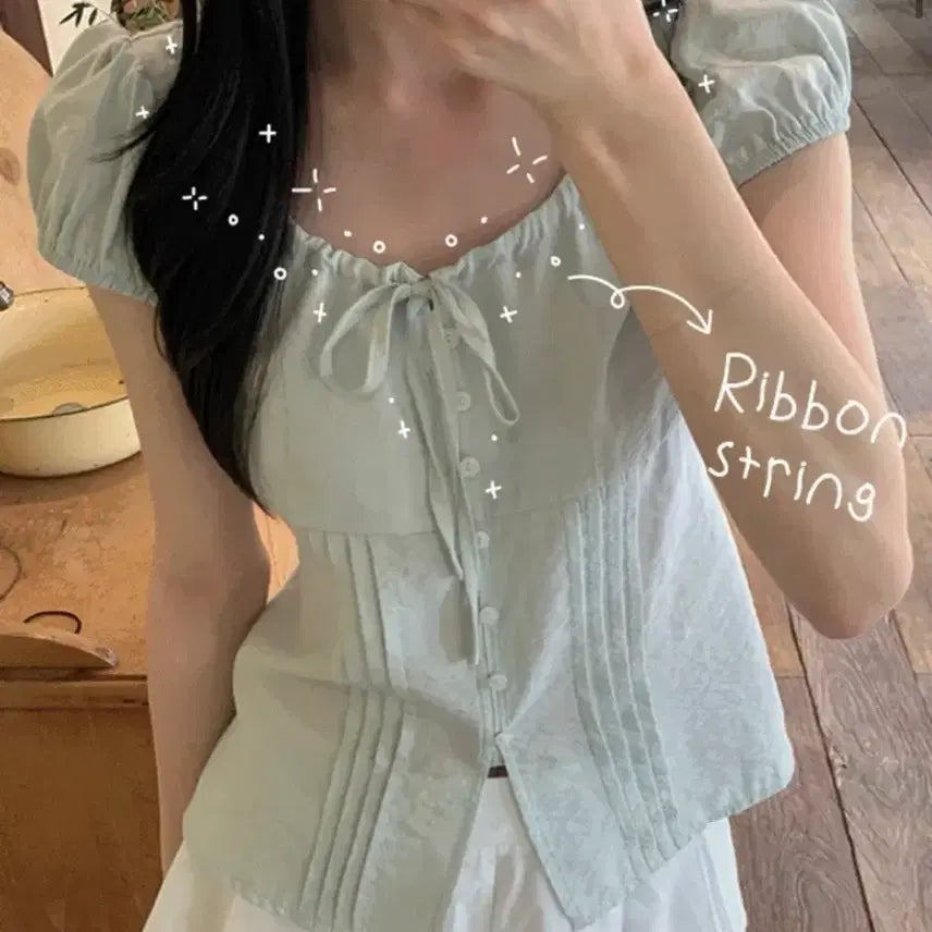 [BUNJANG] URBANE MADE Mint PICO Puff Ribbon Pintuck Short Sleeve Blouse / 지그재그에이블리 어베인 URBANE MADE 민트 피코 퍼프 리본 핀턱 반팔 블라우스휴가룩바캉스룩여행룩여름블라우스