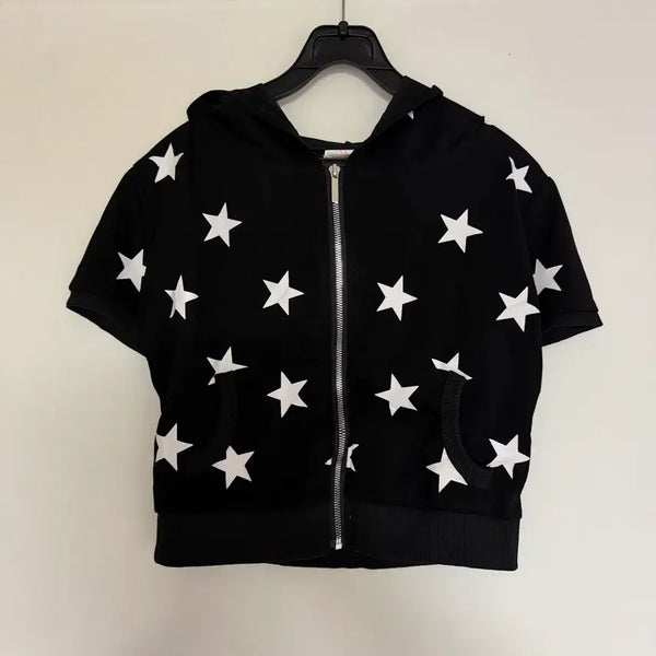[BUNJANG] Women's Star Print Short Sleeve Hoodie (Black) / 새상품 여자 별 반팔 후드집업 (블랙)
